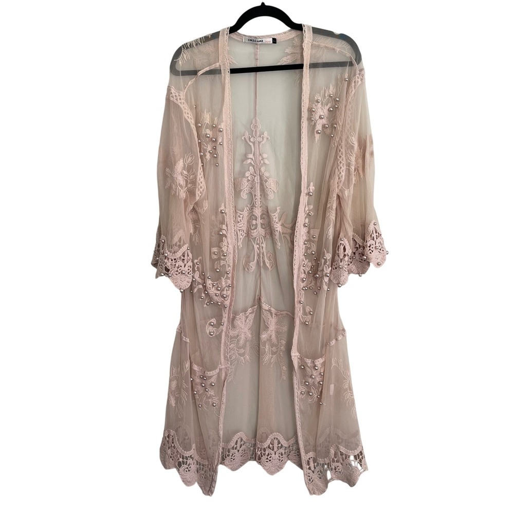 Origami by Vivien Pink Sheer Mesh Lace Kimono Cardigan Pearl Embroidered XL